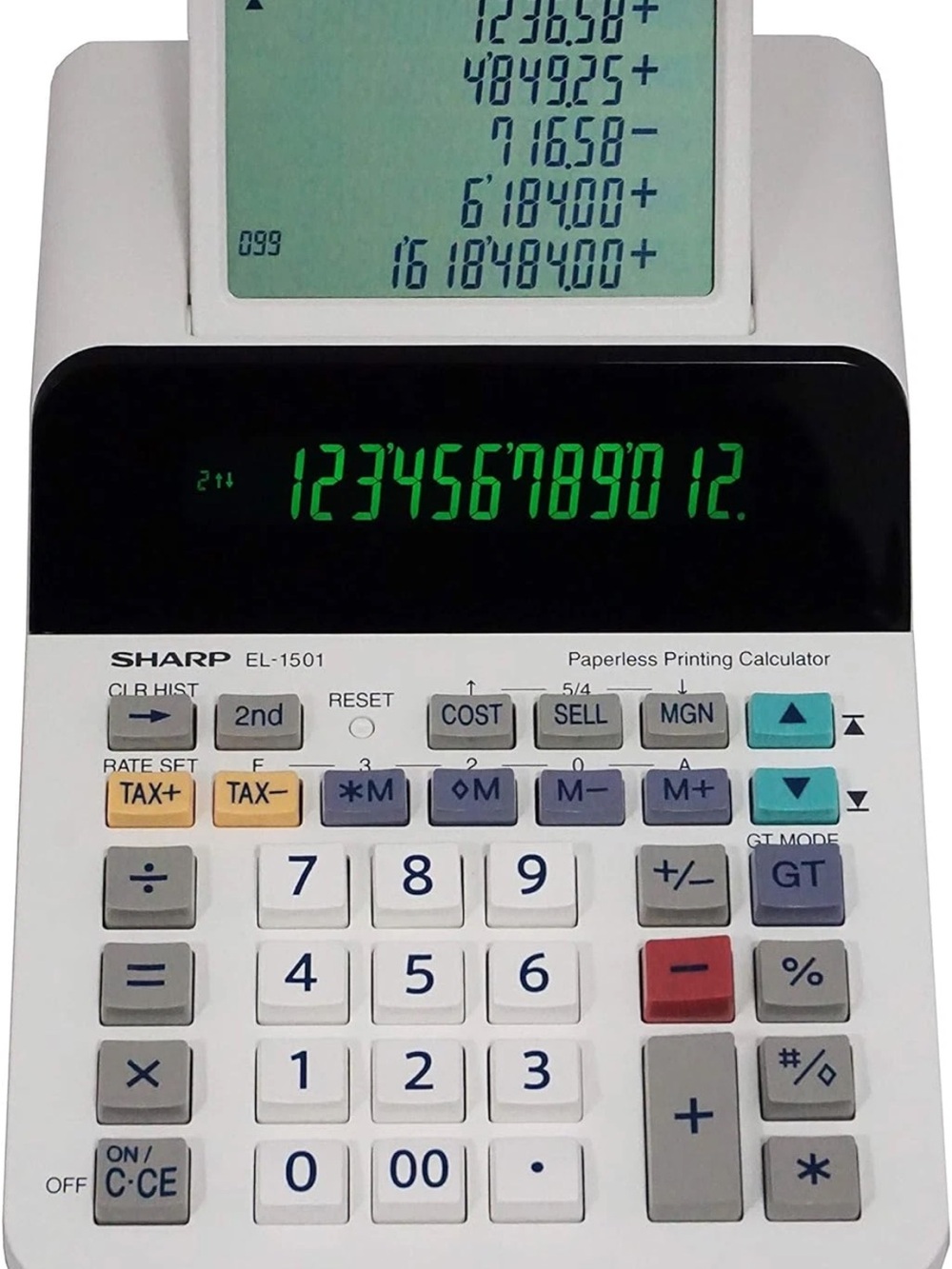 Sharp EL-1501 Desktop Paperless Printing Calculator in White with Black Display